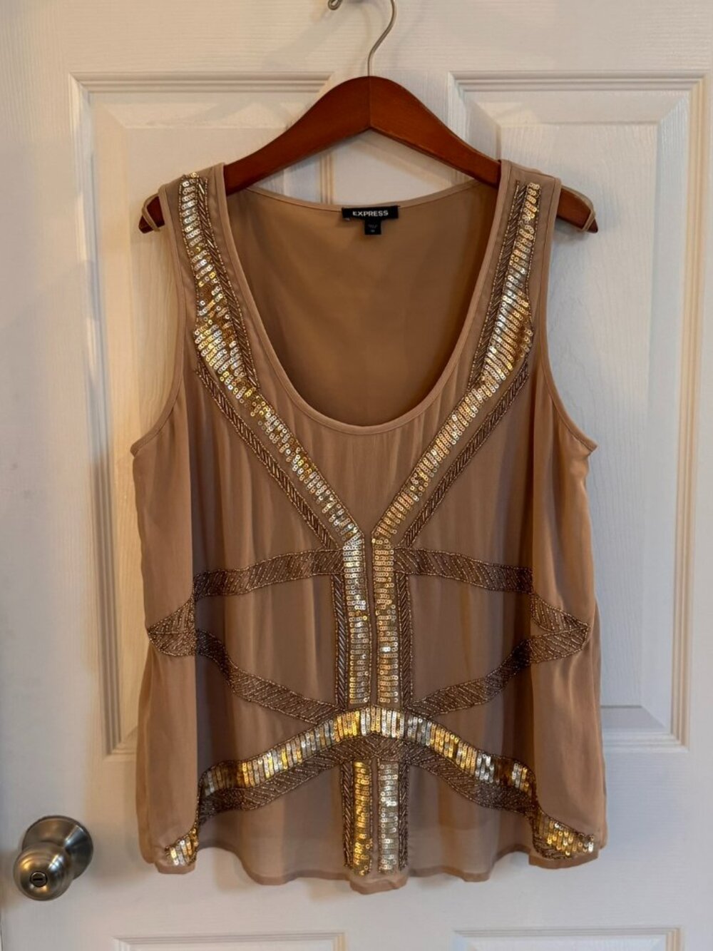 Express Gold Champagne Beaded Sequin Sleeveless Tank Blouse Top Medium